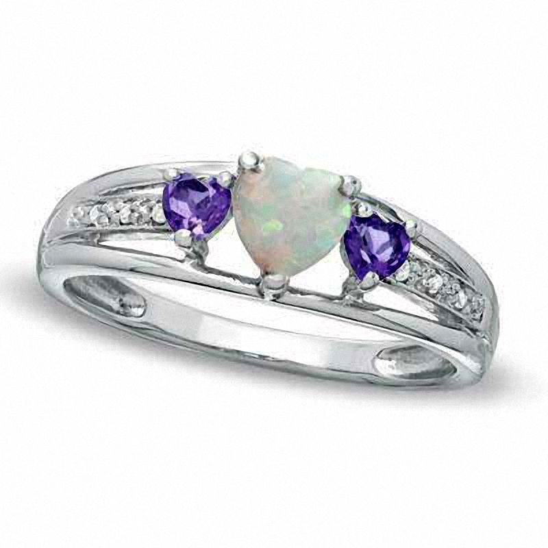 Image of ID 1 50mm Heart-Shaped Lab-Created Opal Amethyst and Diamond Accent Ring in Sterling Silver
