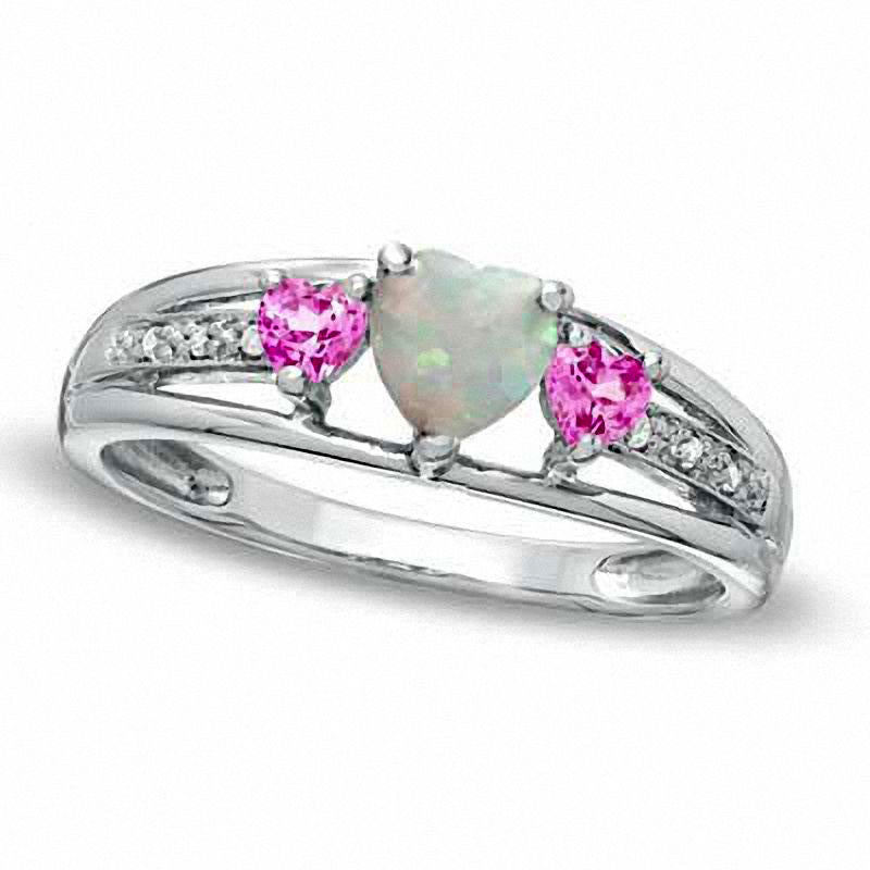 Image of ID 1 50mm Heart-Shaped Lab-Created Opal Pink Sapphire and Diamond Accent Ring in Sterling Silver