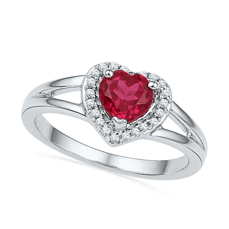 Image of ID 1 50mm Heart-Shaped Lab-Created Ruby and Diamond Accent Frame Midi Ring in Sterling Silver