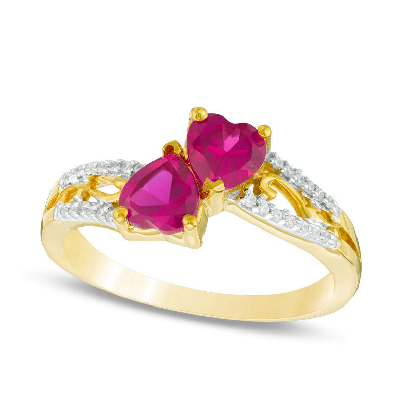 Image of ID 1 50mm Heart-Shaped Lab-Created Ruby and Diamond Accent Mirrored Split Shank Scroll Ring in Solid 10K Yellow Gold