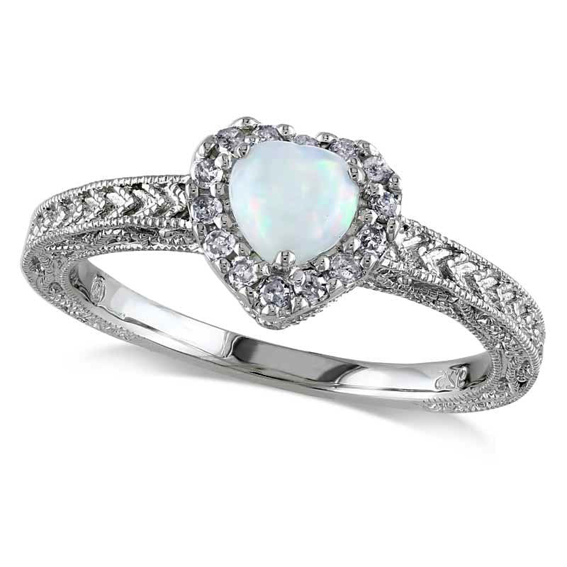 Image of ID 1 50mm Heart-Shaped Opal and 013 CT TW Natural Diamond Frame Ring in Sterling Silver