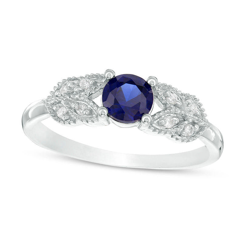 Image of ID 1 50mm Lab-Created Blue Sapphire and 005 CT TW Diamond Leaf-Sides Antique Vintage-Style Promise Ring in Solid 10K White Gold