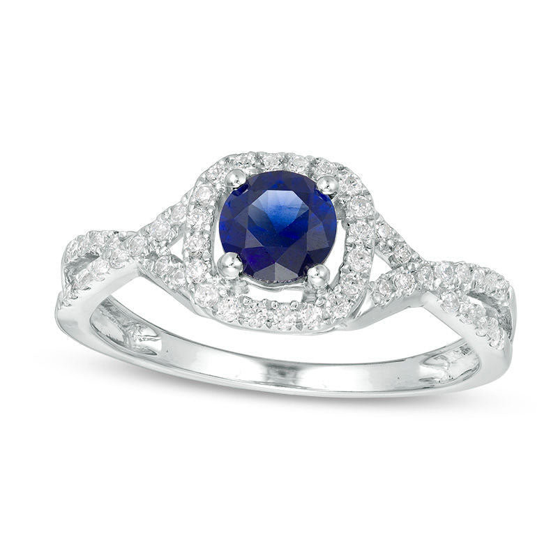 Image of ID 1 50mm Lab-Created Blue Sapphire and 020 CT TW Diamond Frame Split Shank Ring in Sterling Silver