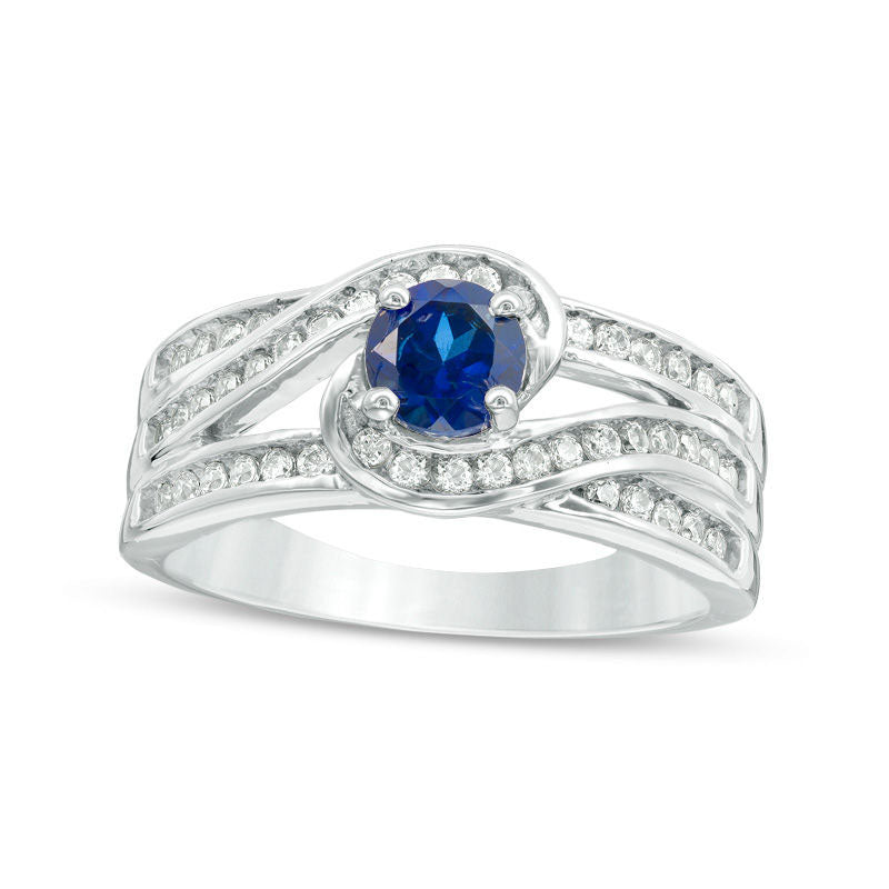 Image of ID 1 50mm Lab-Created Blue Sapphire and 033 CT TW Diamond Swirl Bypass Engagement Ring in Sterling Silver