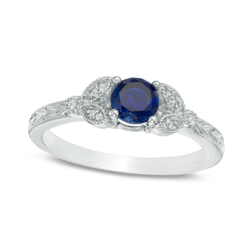 Image of ID 1 50mm Lab-Created Blue Sapphire and Diamond Accent Leaf Antique Vintage-Style Ring in Solid 10K White Gold