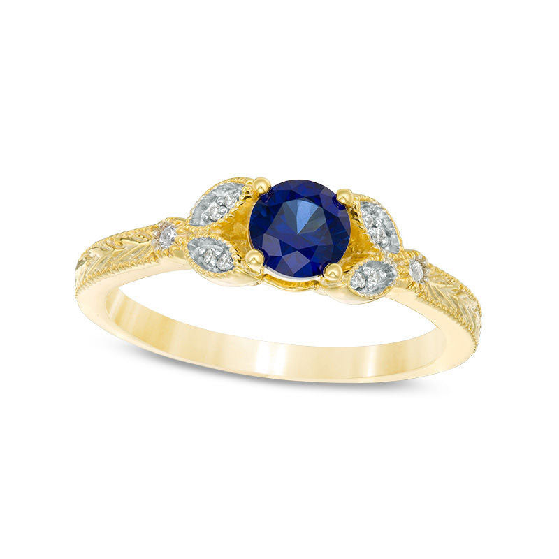 Image of ID 1 50mm Lab-Created Blue Sapphire and Diamond Accent Leaf Antique Vintage-Style Ring in Solid 10K Yellow Gold