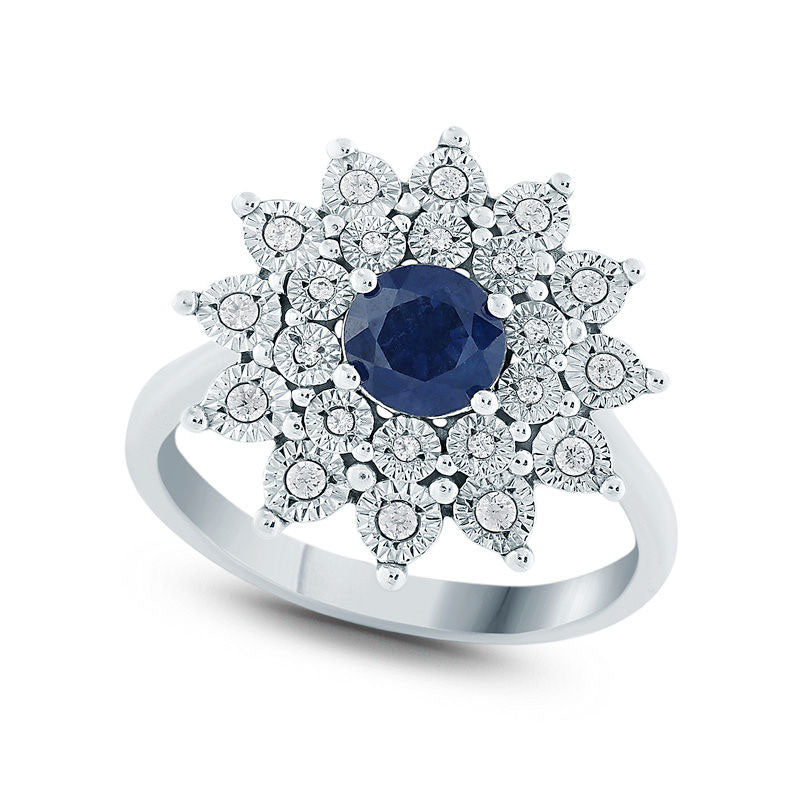 Image of ID 1 50mm Lab-Created Blue Sapphire and Diamond Accent Starburst Frame Ring in Sterling Silver