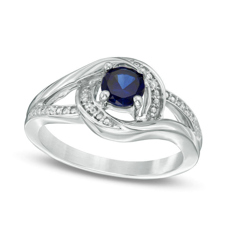 Image of ID 1 50mm Lab-Created Blue Sapphire and Diamond Accent Swirl Frame Split Shank Ring in Sterling Silver