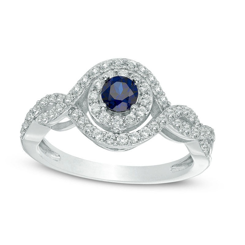 Image of ID 1 50mm Lab-Created Blue and White Sapphire Double Swirl Frame Ring in Sterling Silver