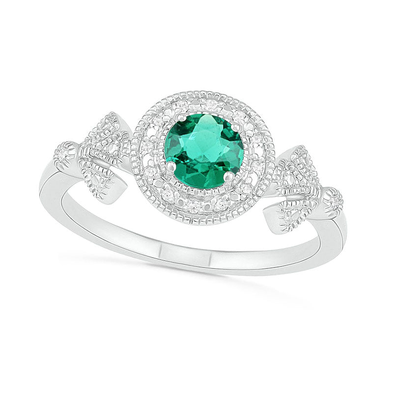 Image of ID 1 50mm Lab-Created Emerald and 005 CT TW Diamond Beaded Frame Fan Side Accent Antique Vintage-Style Ring in Sterling Silver