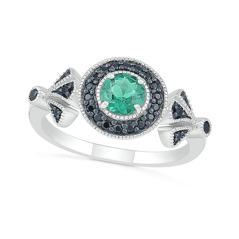 Image of ID 1 50mm Lab-Created Emerald and 017 CT TW Black Enhanced Diamond Frame Antique Vintage-Style Ring in Sterling Silver