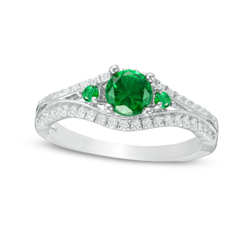 Image of ID 1 50mm Lab-Created Emerald and 025 CT TW Diamond Split Shank Engagement Ring in Sterling Silver