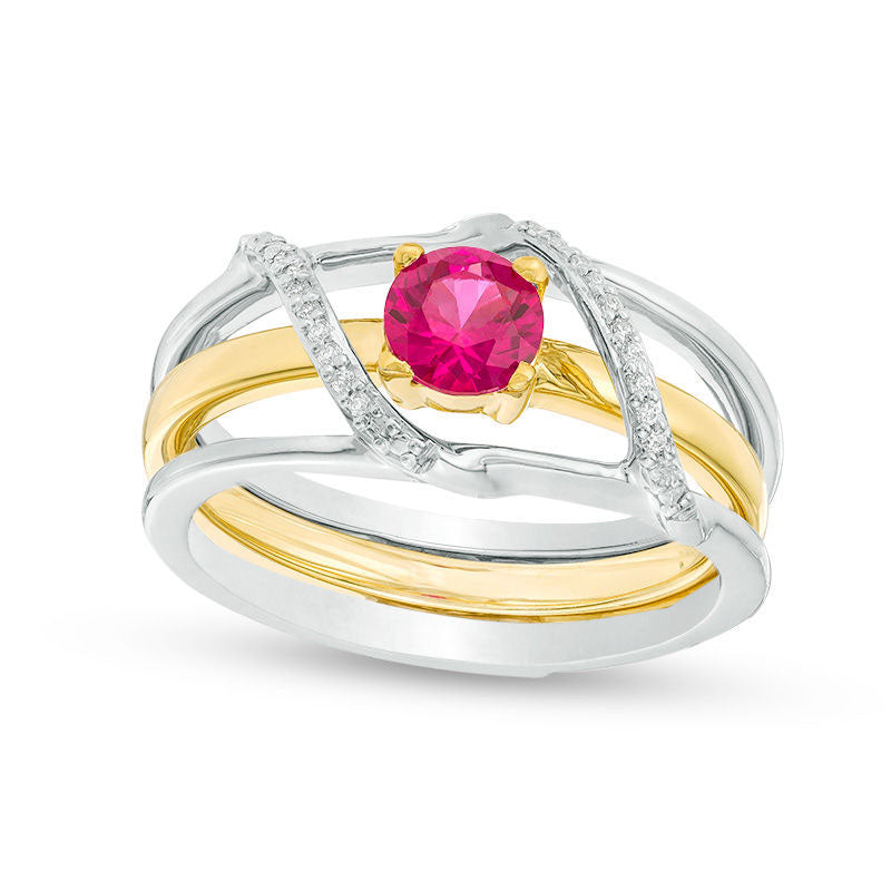 Image of ID 1 50mm Lab-Created Ruby and 005 CT TW Diamond Bypass Three-in-One Ring in Sterling Silver and Solid 10K Yellow Gold