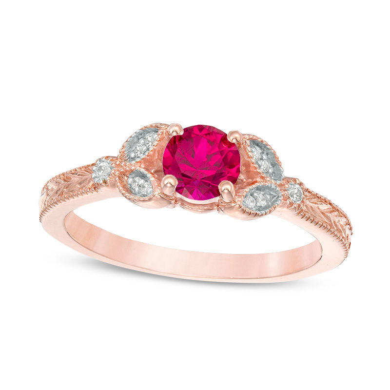 Image of ID 1 50mm Lab-Created Ruby and Diamond Accent Leaf Antique Vintage-Style Ring in Solid 10K Rose Gold