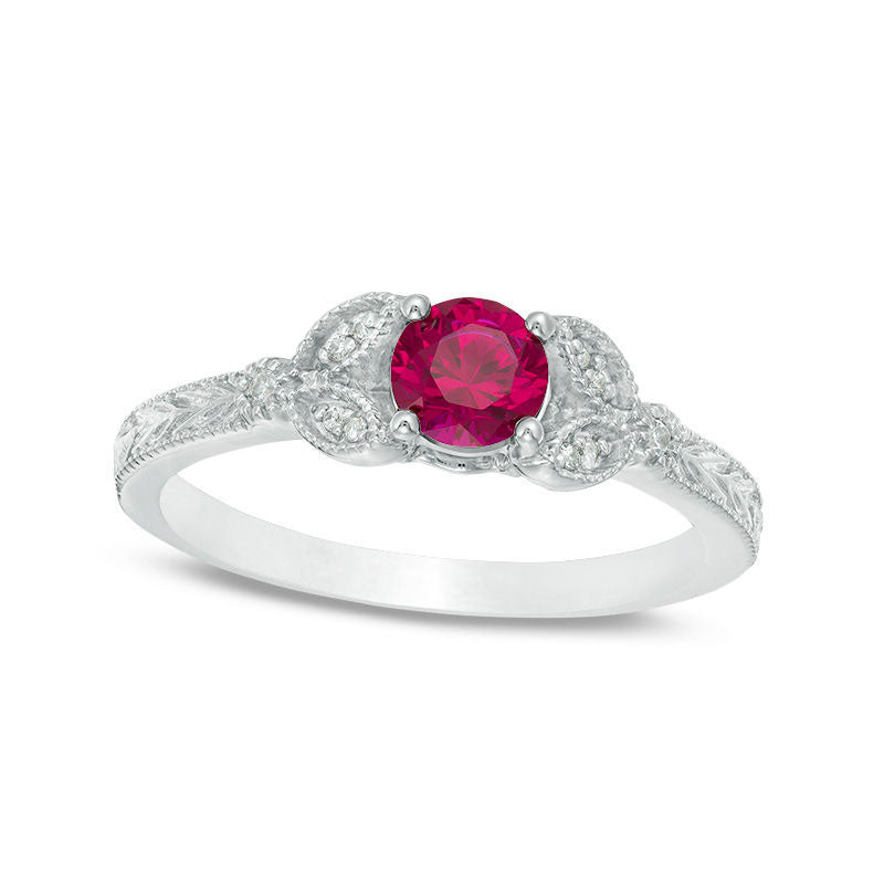 Image of ID 1 50mm Lab-Created Ruby and Diamond Accent Leaf Antique Vintage-Style Ring in Solid 10K White Gold