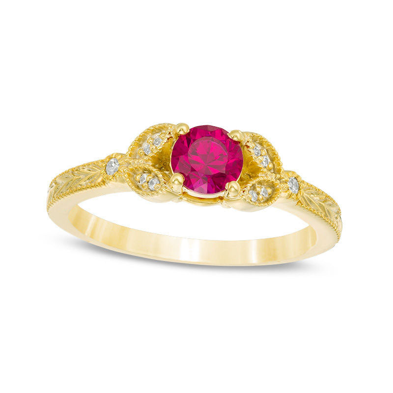 Image of ID 1 50mm Lab-Created Ruby and Diamond Accent Leaf Antique Vintage-Style Ring in Solid 10K Yellow Gold