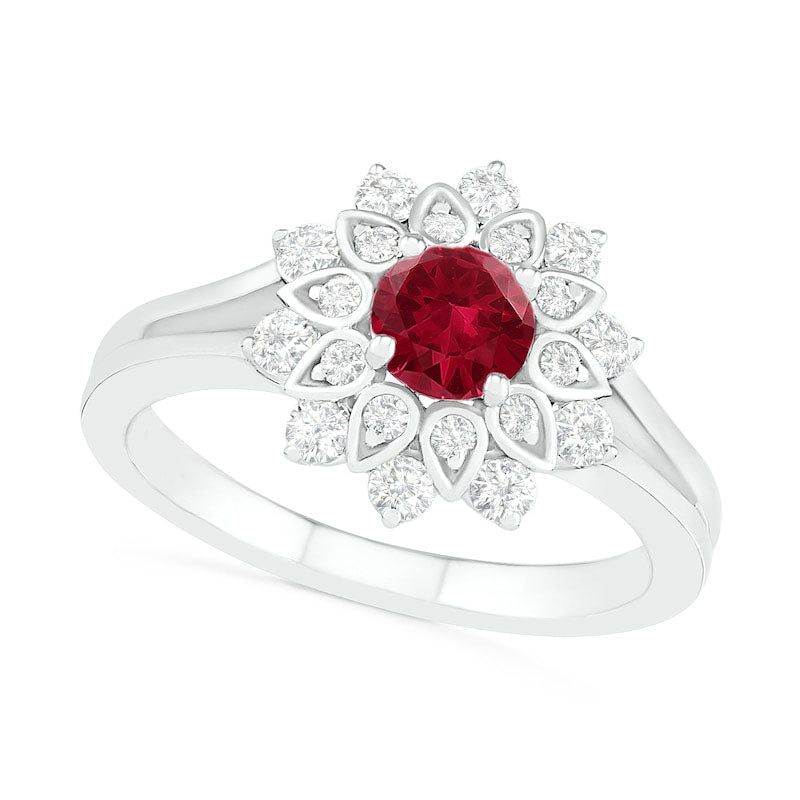 Image of ID 1 50mm Lab-Created Ruby and White Sapphire Frame Split Shank Flower Ring in Sterling Silver