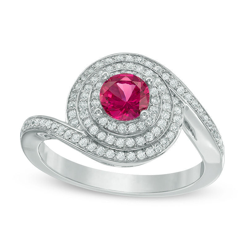 Image of ID 1 50mm Lab-Created Ruby and White Sapphire Layered Swirl Frame Ring in Sterling Silver