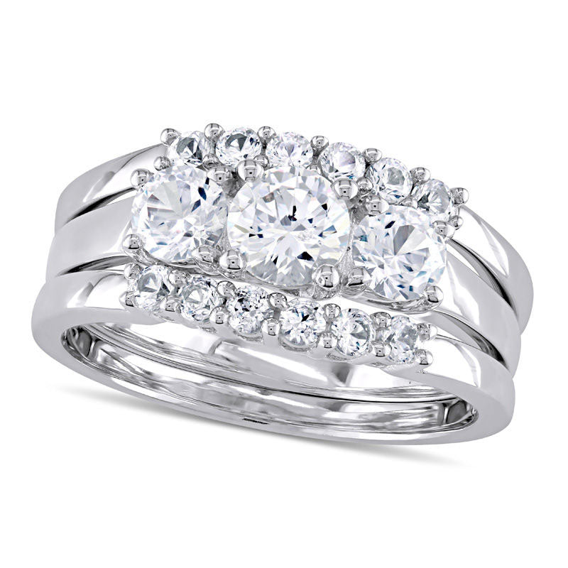 Image of ID 1 50mm Lab-Created White Sapphire Three Piece Bridal Engagement Ring Set in Solid 10K White Gold