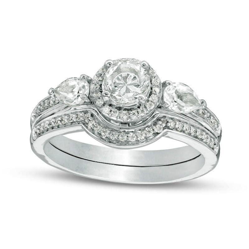 Image of ID 1 50mm Lab-Created White Sapphire and 017 CT TW Diamond Frame Bridal Engagement Ring Set in Sterling Silver