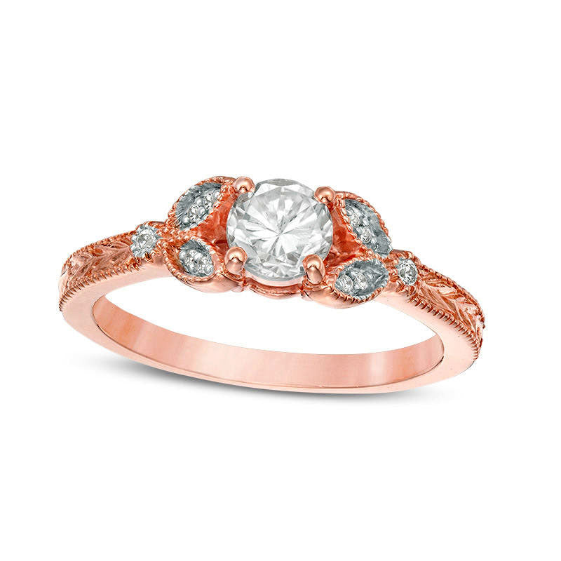 Image of ID 1 50mm Lab-Created White Sapphire and Diamond Accent Leaf Antique Vintage-Style Ring in Solid 10K Rose Gold