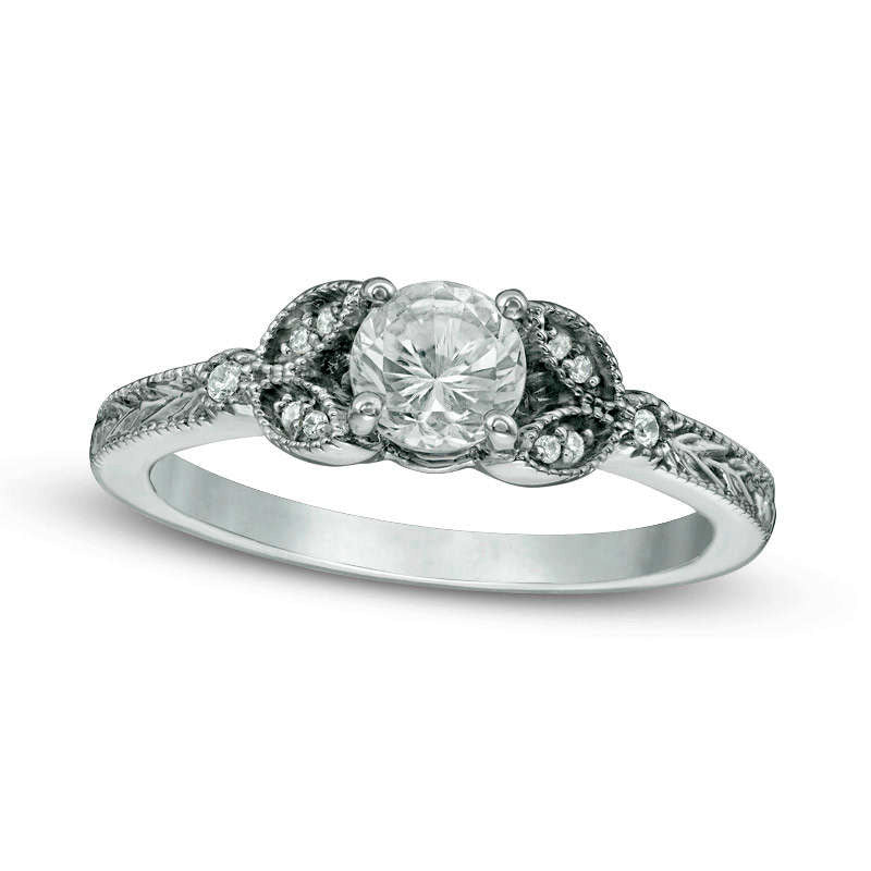 Image of ID 1 50mm Lab-Created White Sapphire and Diamond Accent Leaf-Sides Antique Vintage-Style Engagement Ring in Sterling Silver