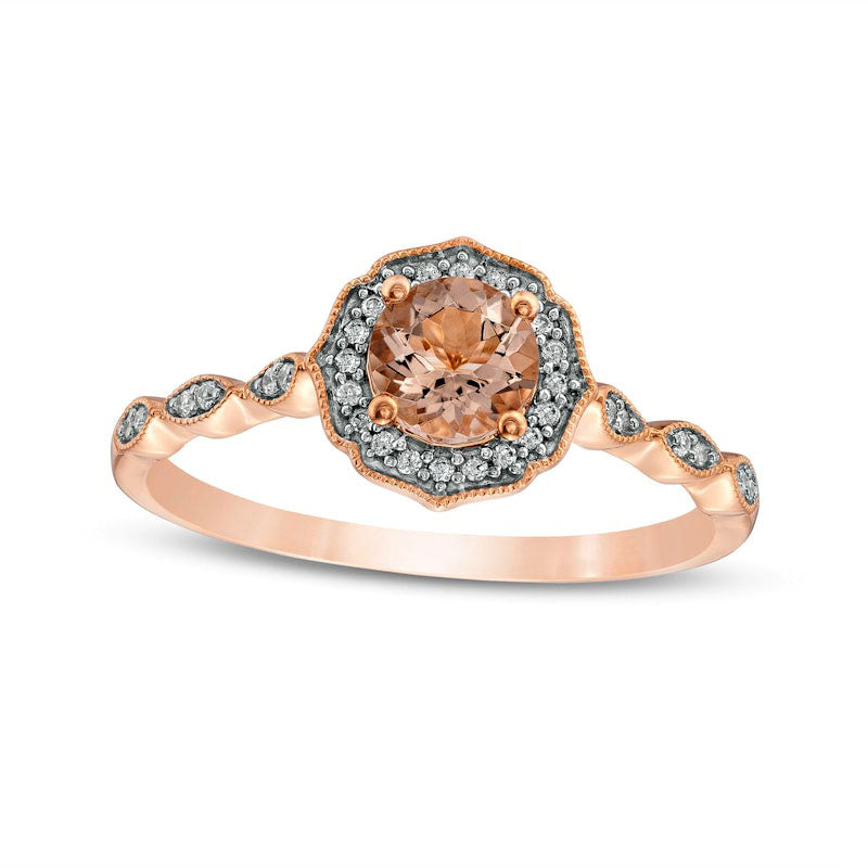 Image of ID 1 50mm Morganite and 010 CT TW Natural Diamond Scallop Frame Art Deco Antique Vintage-Style Flower Engagement Ring in Solid 10K Rose Gold