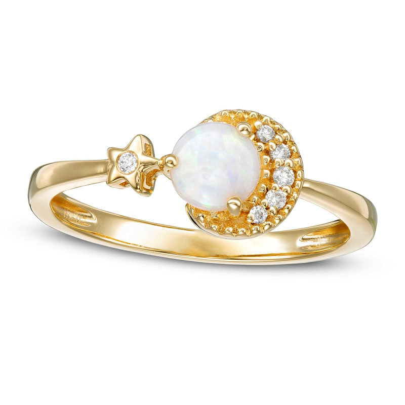 Image of ID 1 50mm Opal and 005 CT TW Natural Diamond Crescent Moon and Star Ring in Solid 10K Yellow Gold