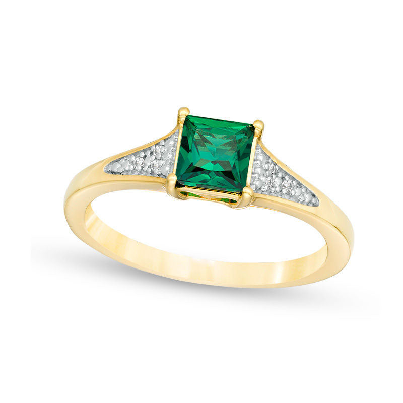 Image of ID 1 50mm Princess-Cut Lab-Created Emerald and Diamond Accent Tri-Sides Ring in Solid 10K Yellow Gold