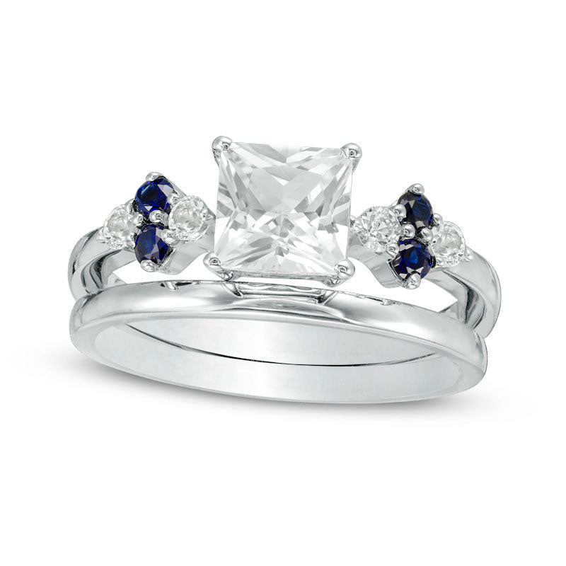 Image of ID 1 50mm Princess-Cut Lab-Created White and Blue Sapphire Quad-Sides Bridal Engagement Ring Set in Sterling Silver