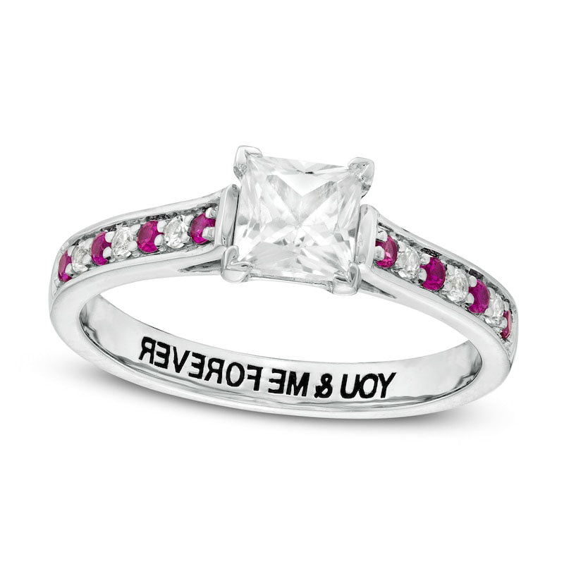 Image of ID 1 50mm Princess-Cut Lab-Created White and Pink Sapphire Engravable Alternating Promise Ring in Sterling Silver (1 Line)