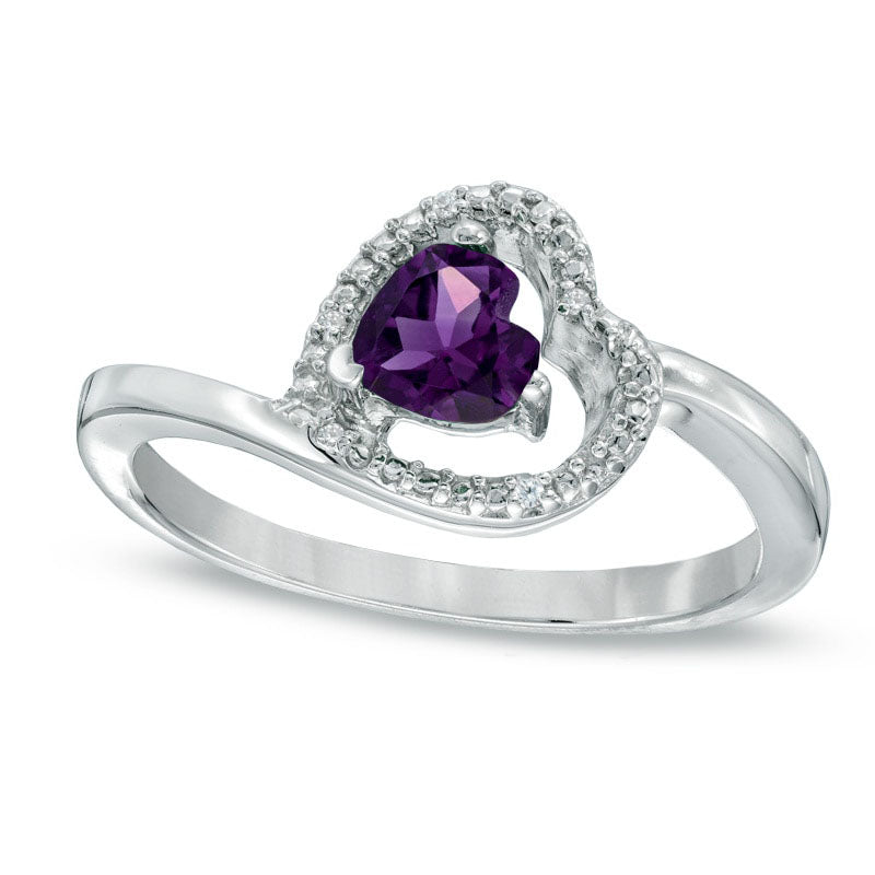 Image of ID 1 50mm Sideways Heart-Shaped Amethyst and Natural Diamond Accent Promise Ring in Sterling Silver