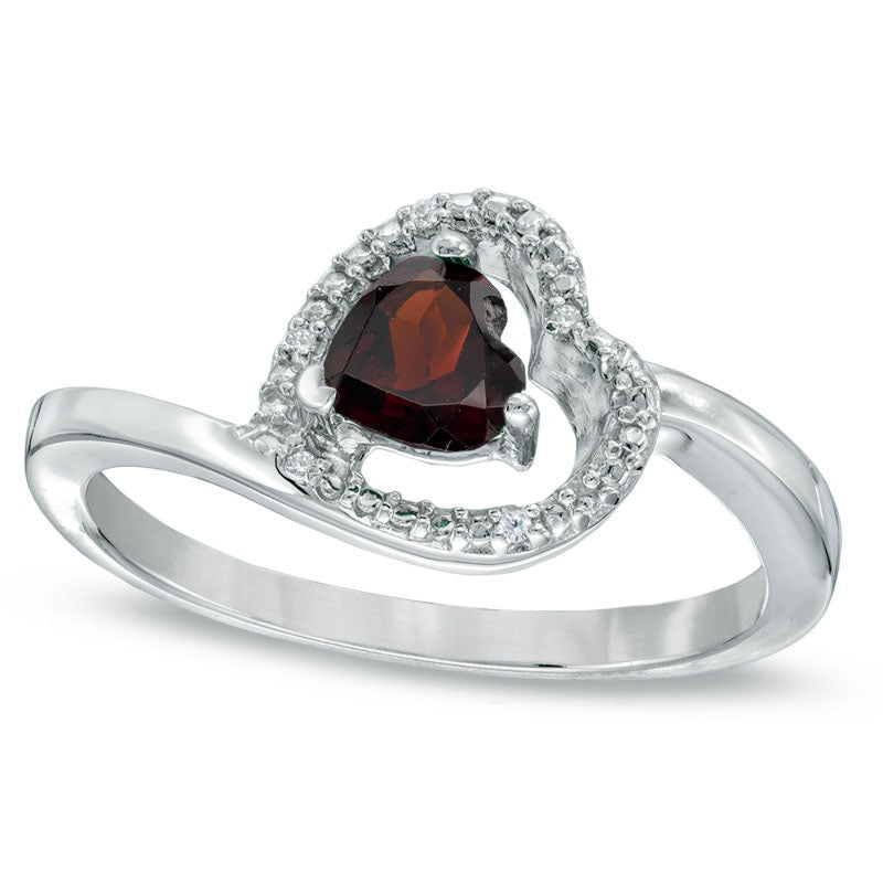 Image of ID 1 50mm Sideways Heart-Shaped Garnet and Natural Diamond Accent Promise Ring in Sterling Silver