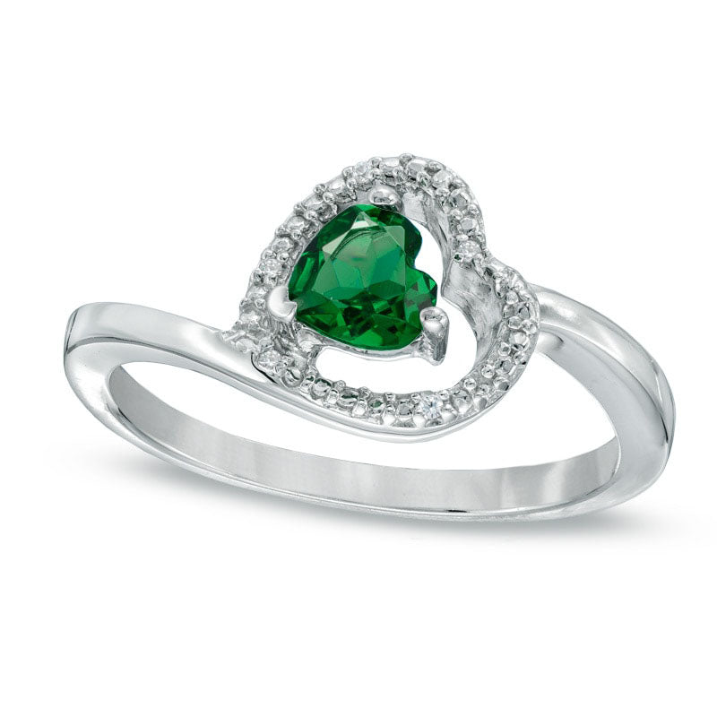 Image of ID 1 50mm Sideways Heart-Shaped Lab-Created Emerald and Diamond Accent Promise Ring in Sterling Silver