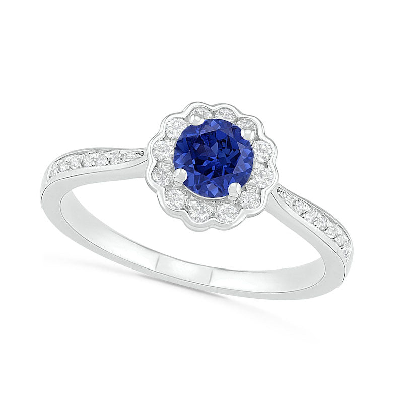 Image of ID 1 52mm Blue and White Lab-Created Sapphire Frame Tapered Shank Flower Ring in Sterling Silver
