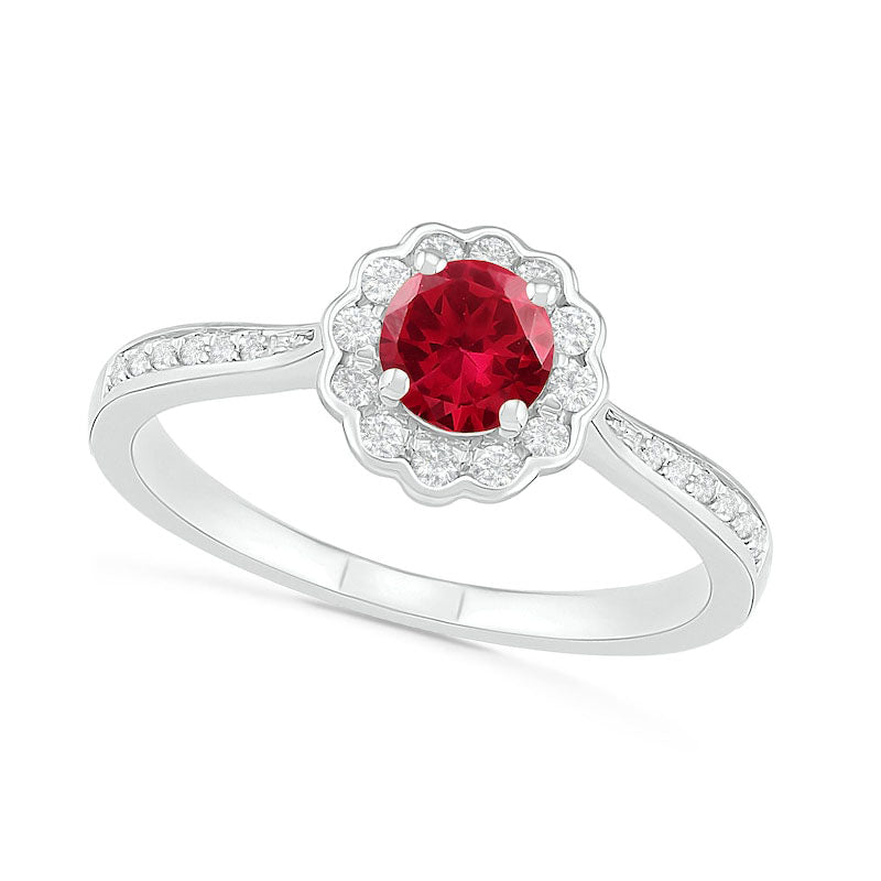 Image of ID 1 52mm Lab-Created Ruby and White Sapphire Frame Tapered Shank Flower Ring in Sterling Silver