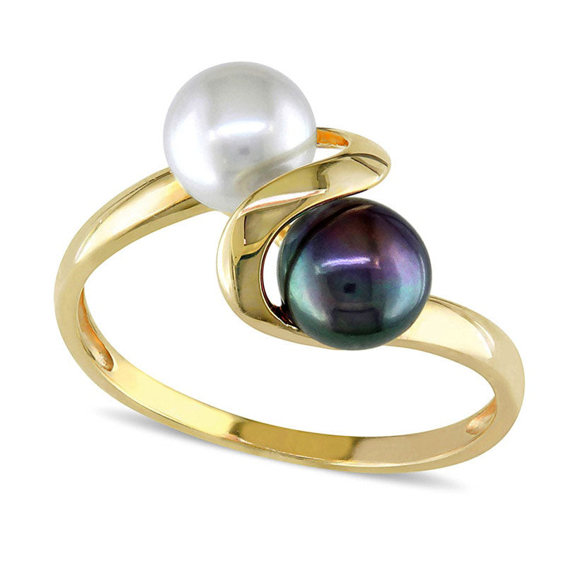 Image of ID 1 55 - 60mm Button White and Dyed Black Cultured Freshwater Pearl Bypass Ring in Solid 10K Yellow Gold