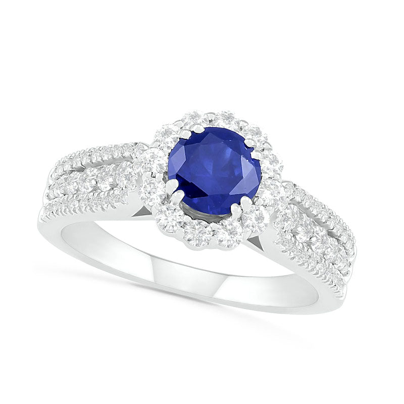 Image of ID 1 55mm Blue and White Lab-Created Sapphire Frame Triple Row Flower Ring in Sterling Silver