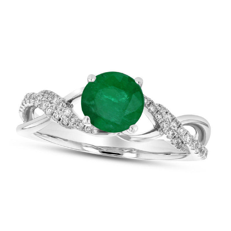 Image of ID 1 55mm Emerald and 017 CT TW Natural Diamond Double Row Open Crossover Engagement Ring in Solid 18K White Gold