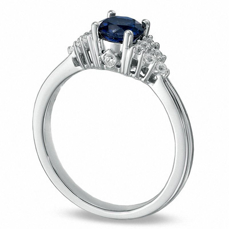 Image of ID 1 55mm Lab-Created Blue Sapphire and 014 CT TW Diamond Cluster Engagement Ring in Solid 10K White Gold