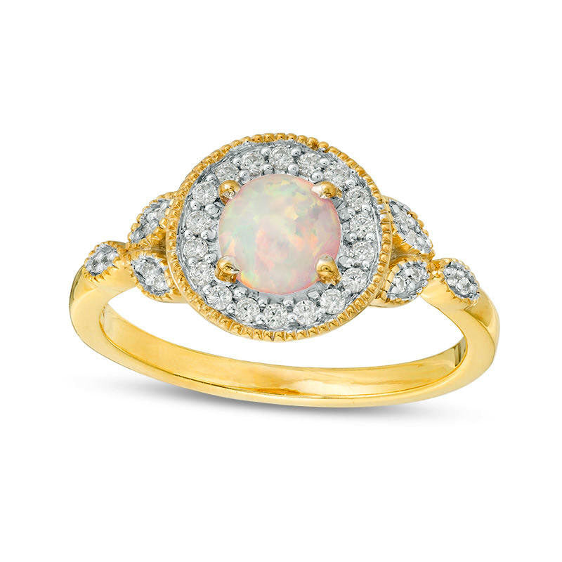 Image of ID 1 55mm Lab-Created Opal and 013 CT TW Diamond Frame Antique Vintage-Style Ring in Solid 10K Yellow Gold