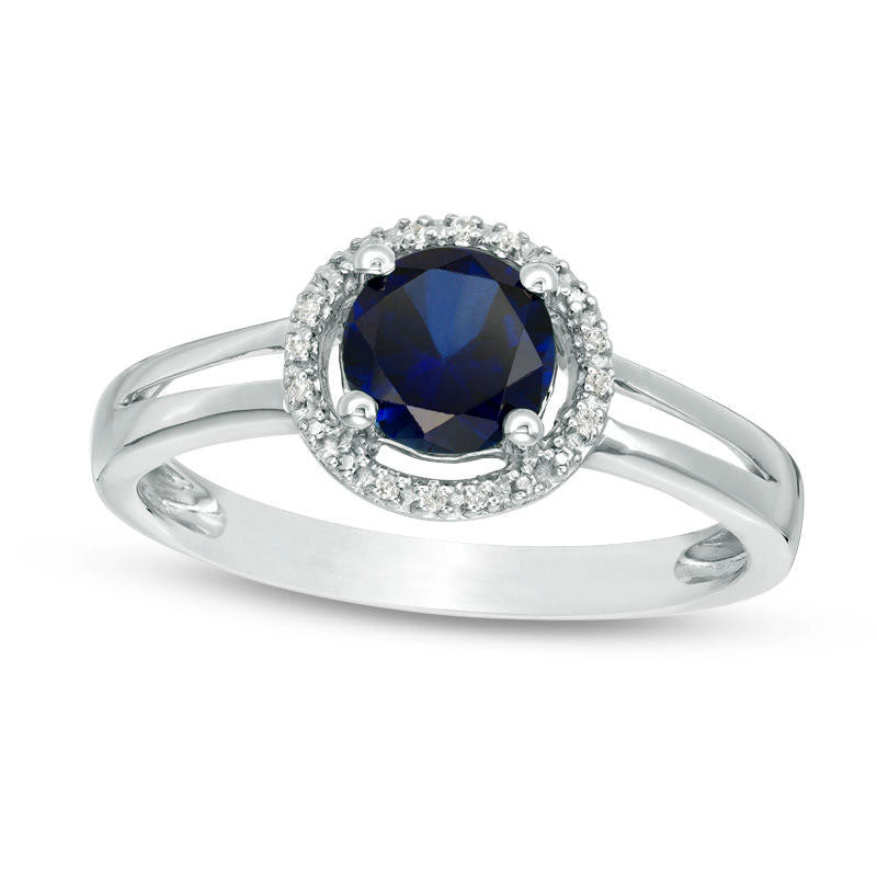 Image of ID 1 57mm Lab-Created Blue Sapphire and Diamond Accent Frame Split Shank Ring in Sterling Silver