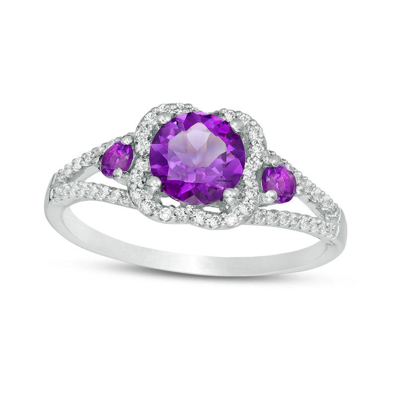 Image of ID 1 60mm Amethyst and 020 CT TW Natural Diamond Scallop Frame Ring in Sterling Silver