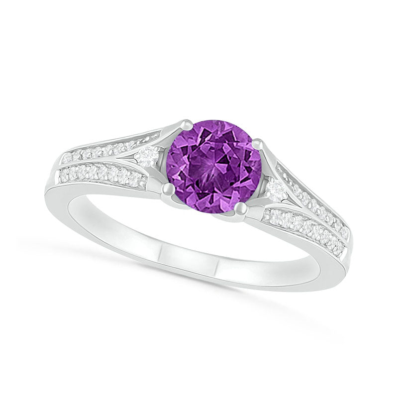 Image of ID 1 60mm Amethyst and Lab-Created White Sapphire Split Shank Ring in Sterling Silver