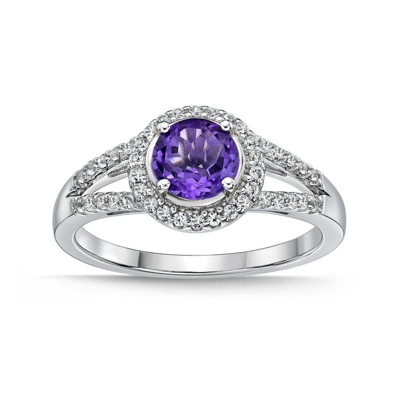 Image of ID 1 60mm Amethyst and White Topaz Frame Split Shank Ring in Sterling Silver