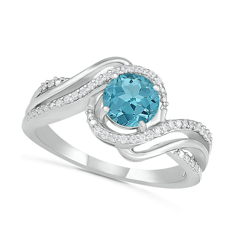 Image of ID 1 60mm Aquamarine and 007 CT TW Natural Diamond Beaded Triple Row Bypass Twist Shank Ring in Sterling Silver