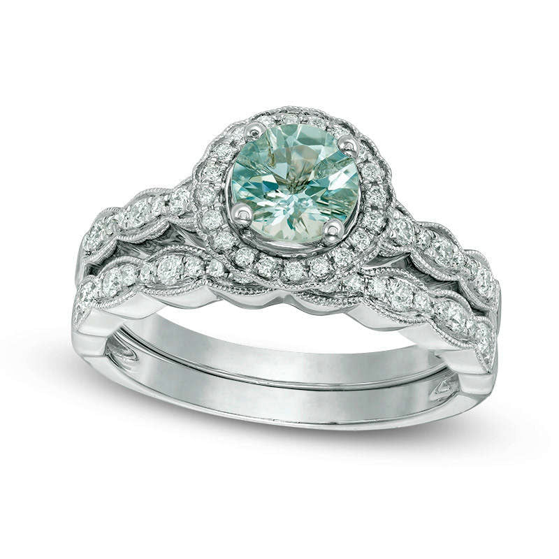 Image of ID 1 60mm Aquamarine and 033 CT TW Natural Diamond Frame Antique Vintage-Style Bridal Engagement Ring Set in Solid 14K White Gold