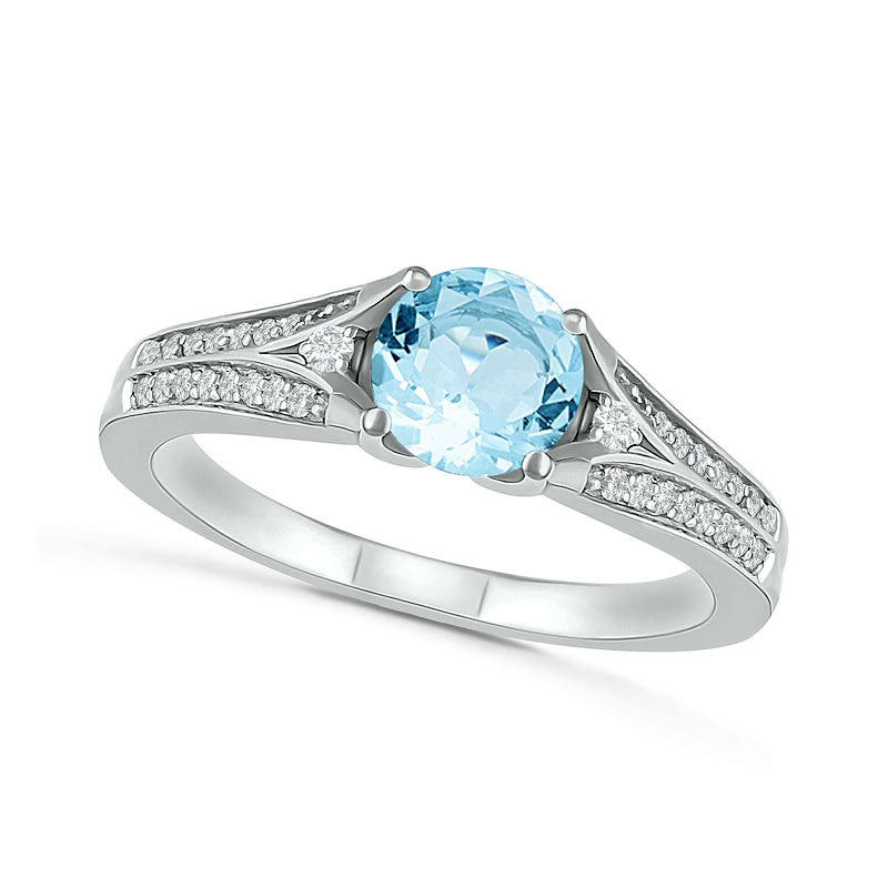 Image of ID 1 60mm Aquamarine and Lab-Created White Sapphire Split Shank Ring in Sterling Silver