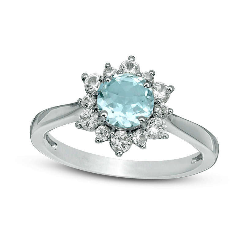 Image of ID 1 60mm Aquamarine and Lab-Created White Sapphire Sunburst Ring in Sterling Silver