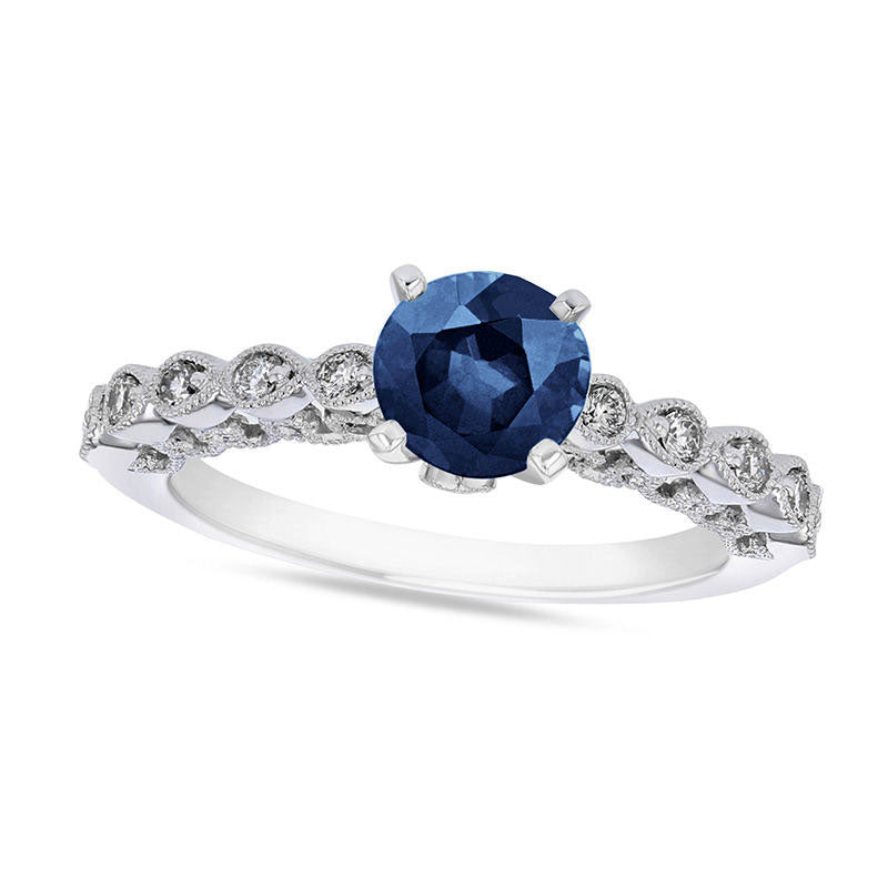 Image of ID 1 60mm Blue Sapphire and 020 CT TW Natural Diamond Teardrop Shank Antique Vintage-Style Engagement Ring in Solid 14K White Gold